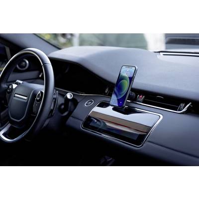 A smartphone with a blue case is standing upright on a car dashboard. The display shows the time.