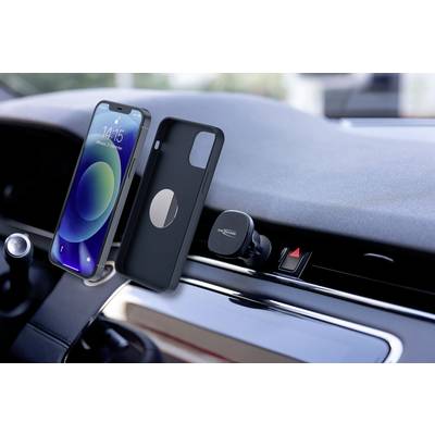 Smartphone in case mounted on magnetic holder in car; shows mobility and easy access.