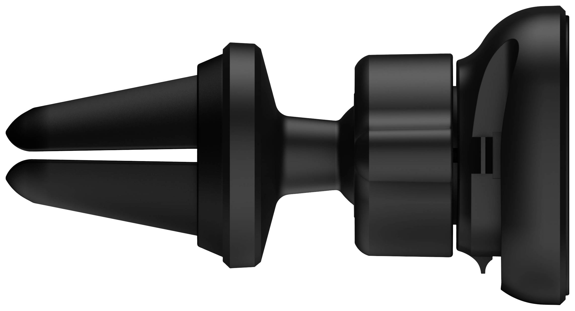 A black, cylindrical mobile phone holder for the car, designed to be inserted into the air vents, side view.