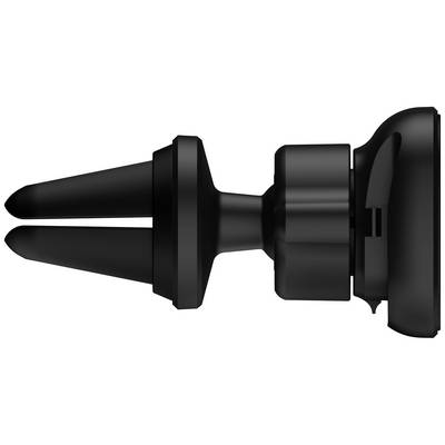 A black, cylindrical mobile phone holder for the car, designed to be inserted into the air vents, side view.