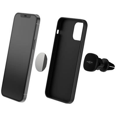 Smartphone with a black case, magnetic ring, and mobile phone holder for the car. Demonstrates the assembly of these components.