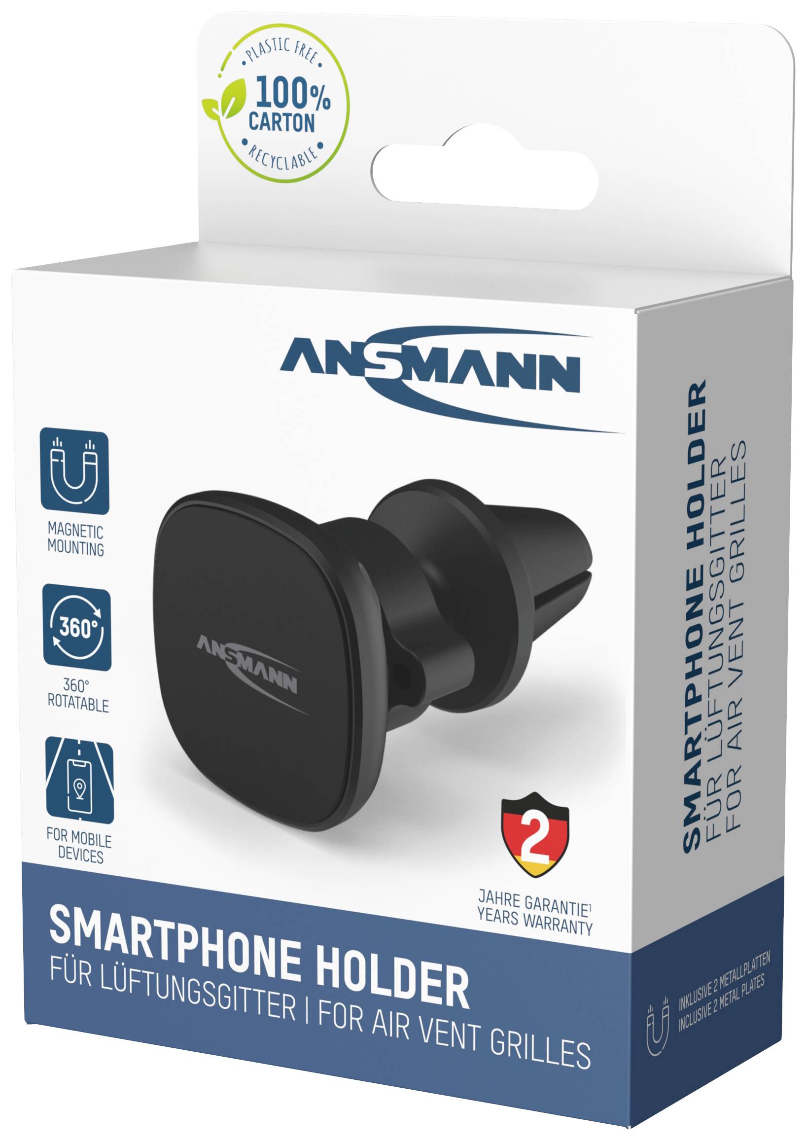 Packaging for an Ansmann Magnetic Smartphone Holder for Air Vents, 360° Rotatable, with 3-Year Guarantee, Made from 100% Cardboard.