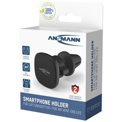 Packaging for an Ansmann Magnetic Smartphone Holder for Air Vents, 360° Rotatable, with 3-Year Guarantee, Made from 100% Cardboard.
