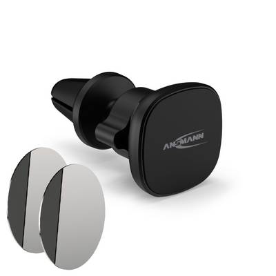 Black magnetic mobile phone holder for the car with removable metal plates, for attachment to air vents.