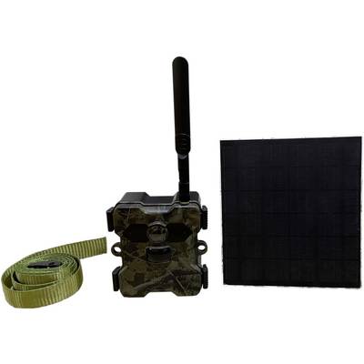 Camouflage security camera, with a solar panel and a green ribbon beside it.