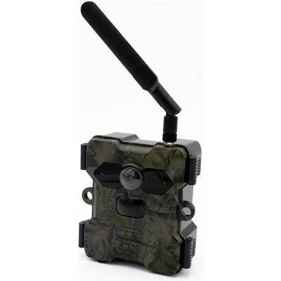 Wildlife surveillance camera in camouflage colouring with antenna, suitable for observing wildlife in natural environments.