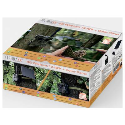 Packaging of the 'Technaxx 4G Wildlife Camera TX-189 + Solar Panel' with images of the camera mounted on a tree, a solar panel, and an owl.