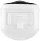 White, cylindrical, technical device with a shiny black lid. It has a front cover with a square recess and opening.