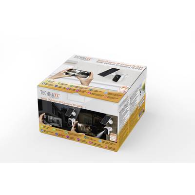 Packaging for a TechNaxx Solar Outdoor IP Camera TX-144 with illustrations of camera applications and technical specifications on the box.