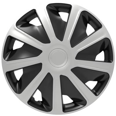 Wheel trim with silver and black segments arranged in a star-shaped pattern.