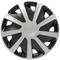 Wheel trim with silver and black segments arranged in a star-shaped pattern.
