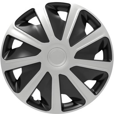 Silver wheel cap with black spokes arranged in a star-like pattern.