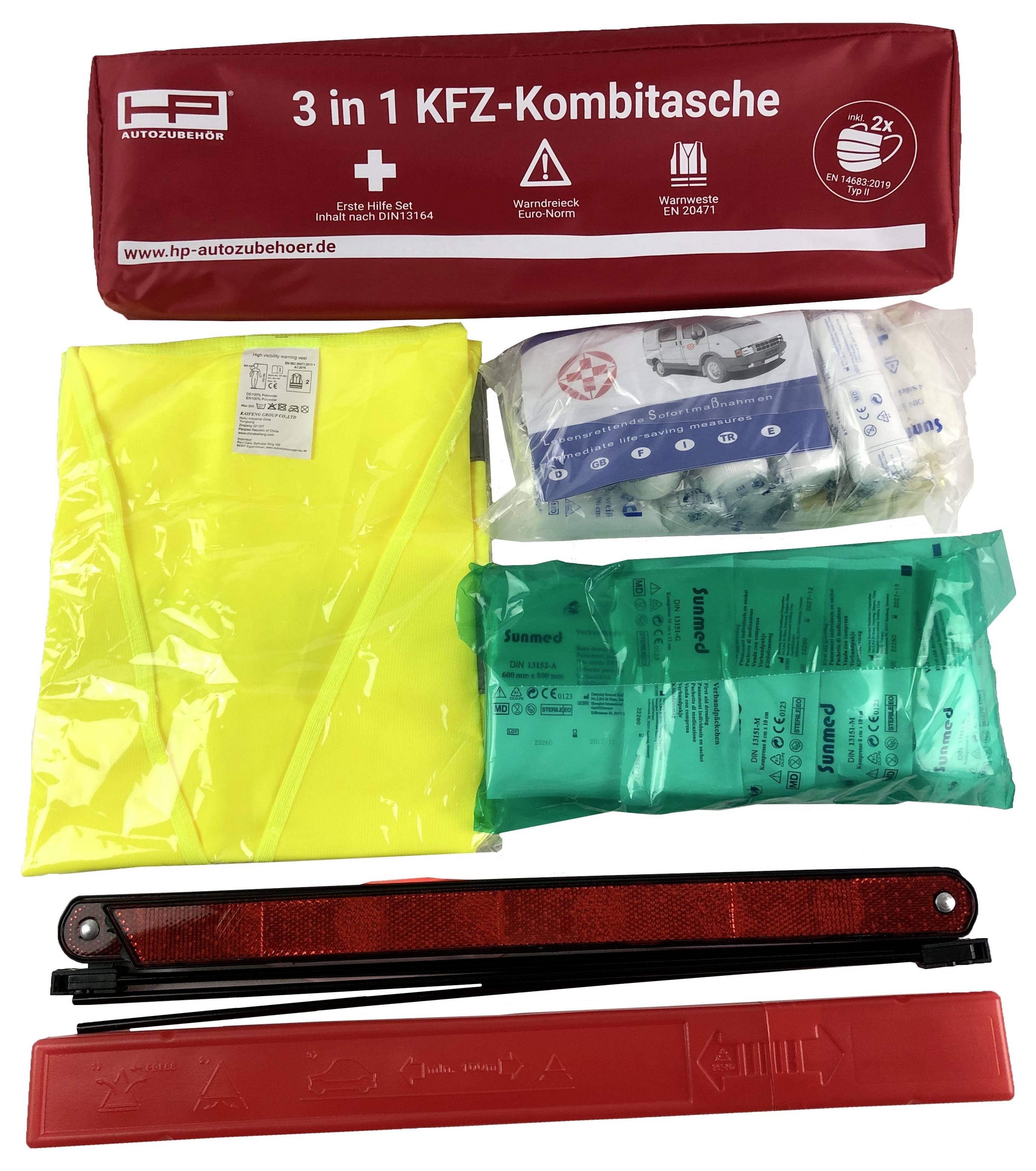 Highway '3 in 1 Vehicle Emergency Kit' with hi-vis vest, first aid set and red warning triangle. Essential for emergencies on the road.