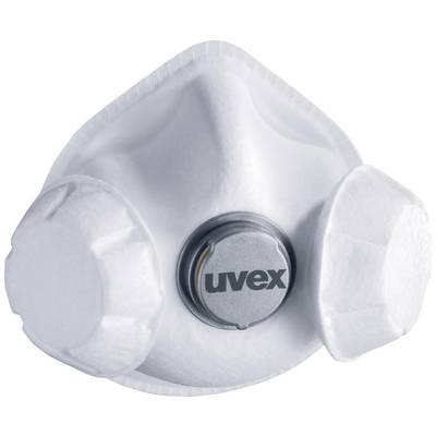 Protective face mask with valve and 'uvex' print, front view. The mask provides respiratory protection and is ergonomically shaped.