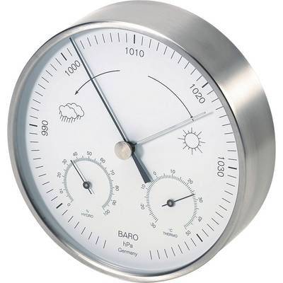 Barometer with a silver casing showing an air pressure of 1010 hPa. Below it, a hygrometer and thermometer. Symbols: Cloud and sun.