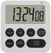 A white digital kitchen timer displays '13:24:08'. It has buttons for hour, minute, second, alarm, start/stop, and mode.