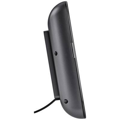 Side view of a black and grey device stand with cable. The device has a curved shape and two mounting points.