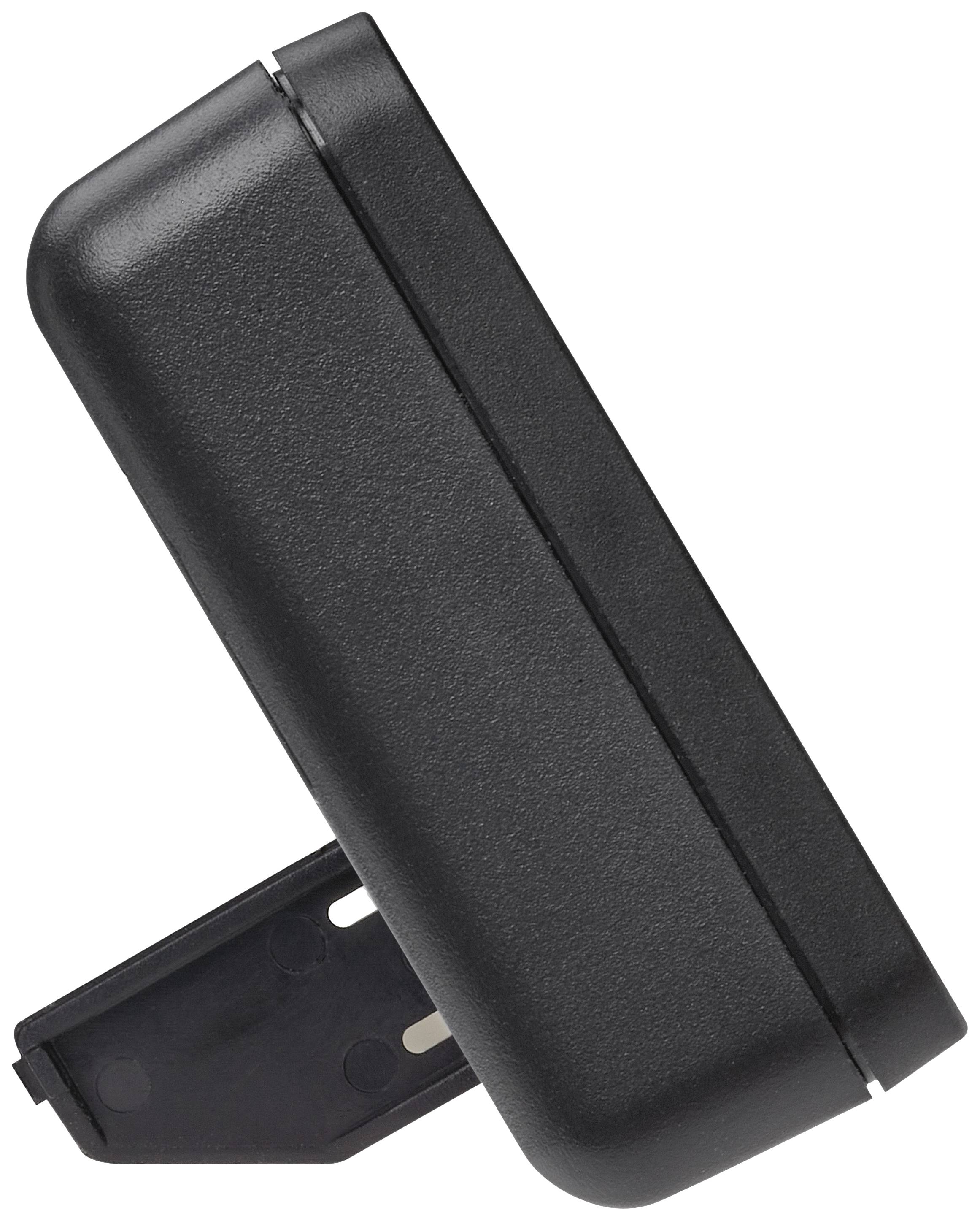 A black, rectangular electronic device with an integrated folding plug, possibly a charger or adapter.