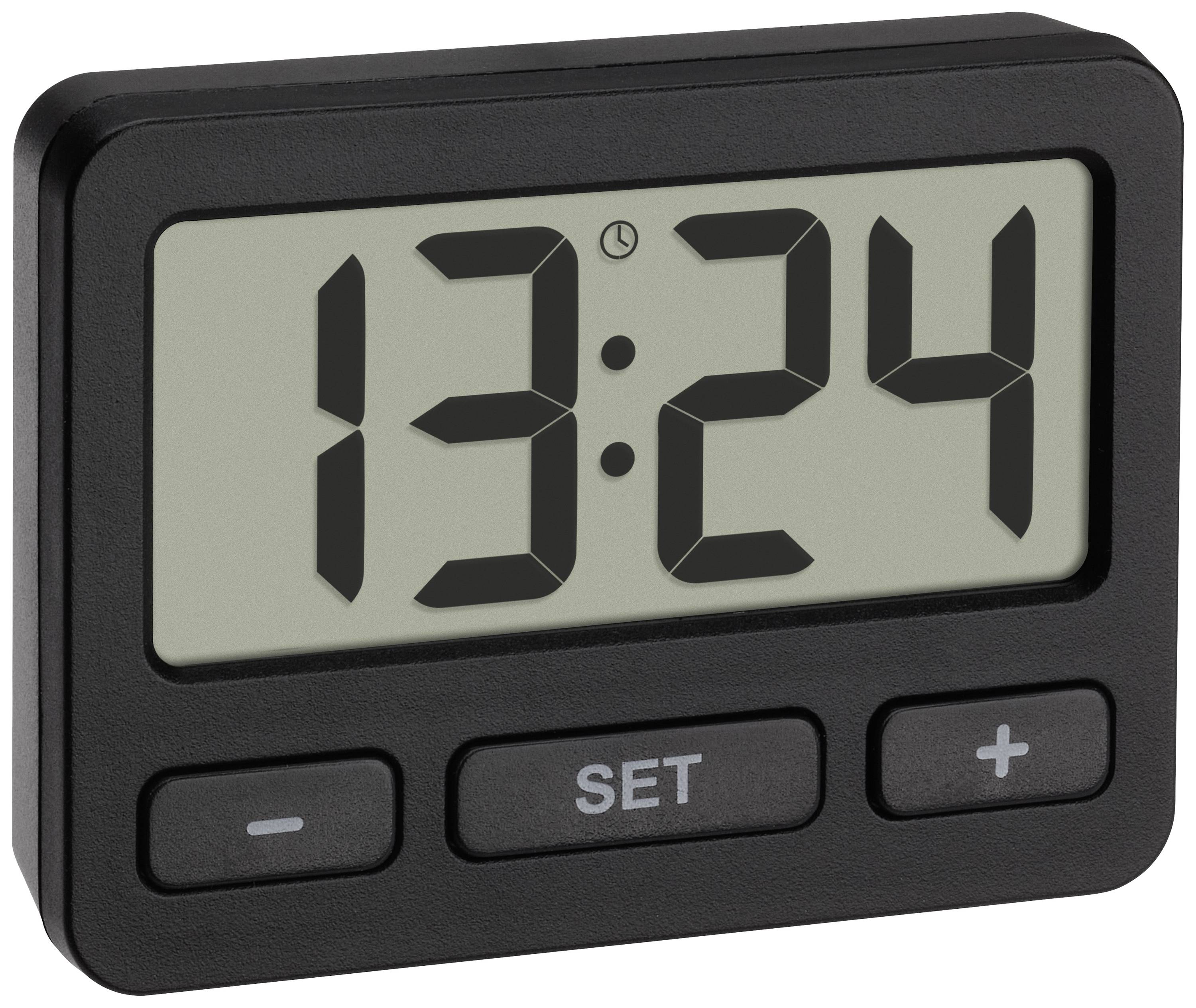Digital clock with large display showing '13:24'. Beneath it, three buttons: Minus, 'Set', Plus. Black casing.