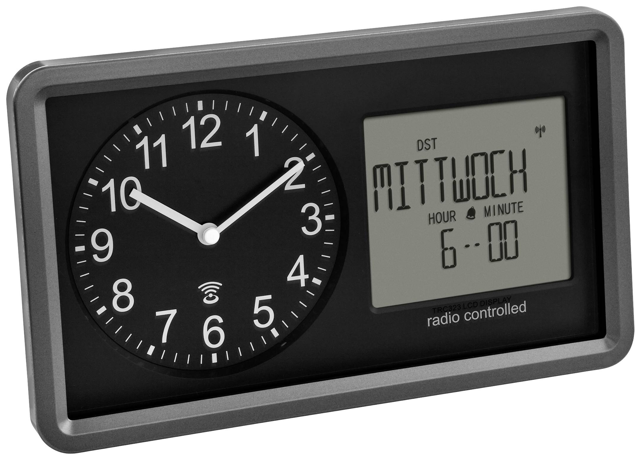 Analogue and digital radio-controlled clock shows 10:10; day of the week 'WEDNESDAY' and 6:00 in the display.