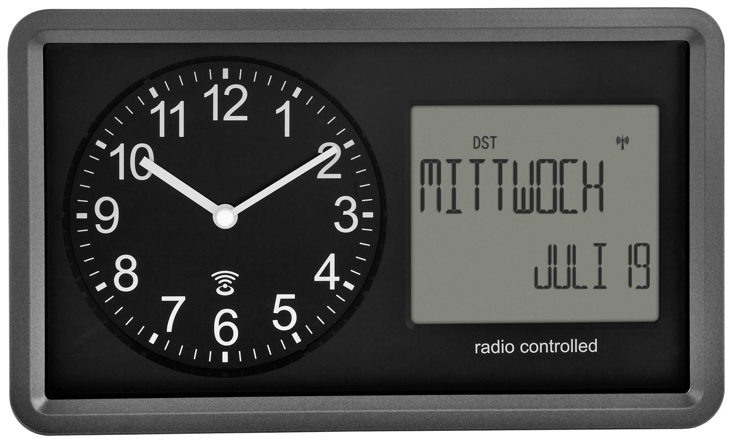 Black radio-controlled clock with analogue dial and digital display. Shows 10:10, 'WEDNESDAY', 'JULY 19'.
