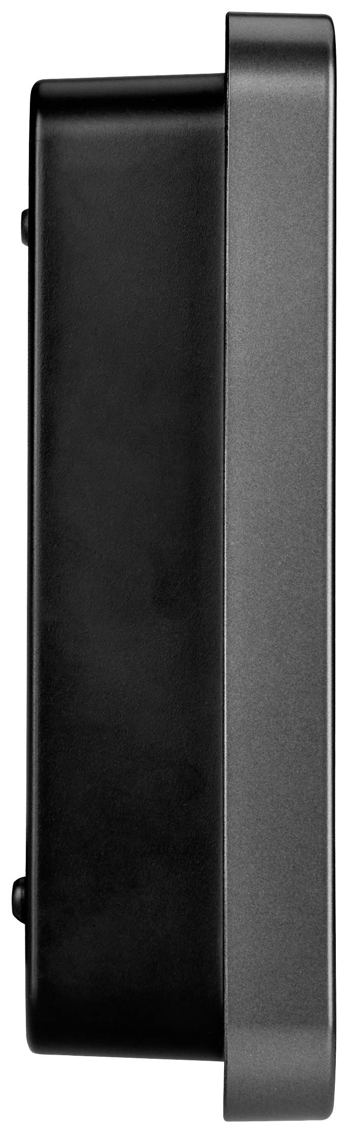 A slim, rectangular black object with a minimalist design, pictured from the side.