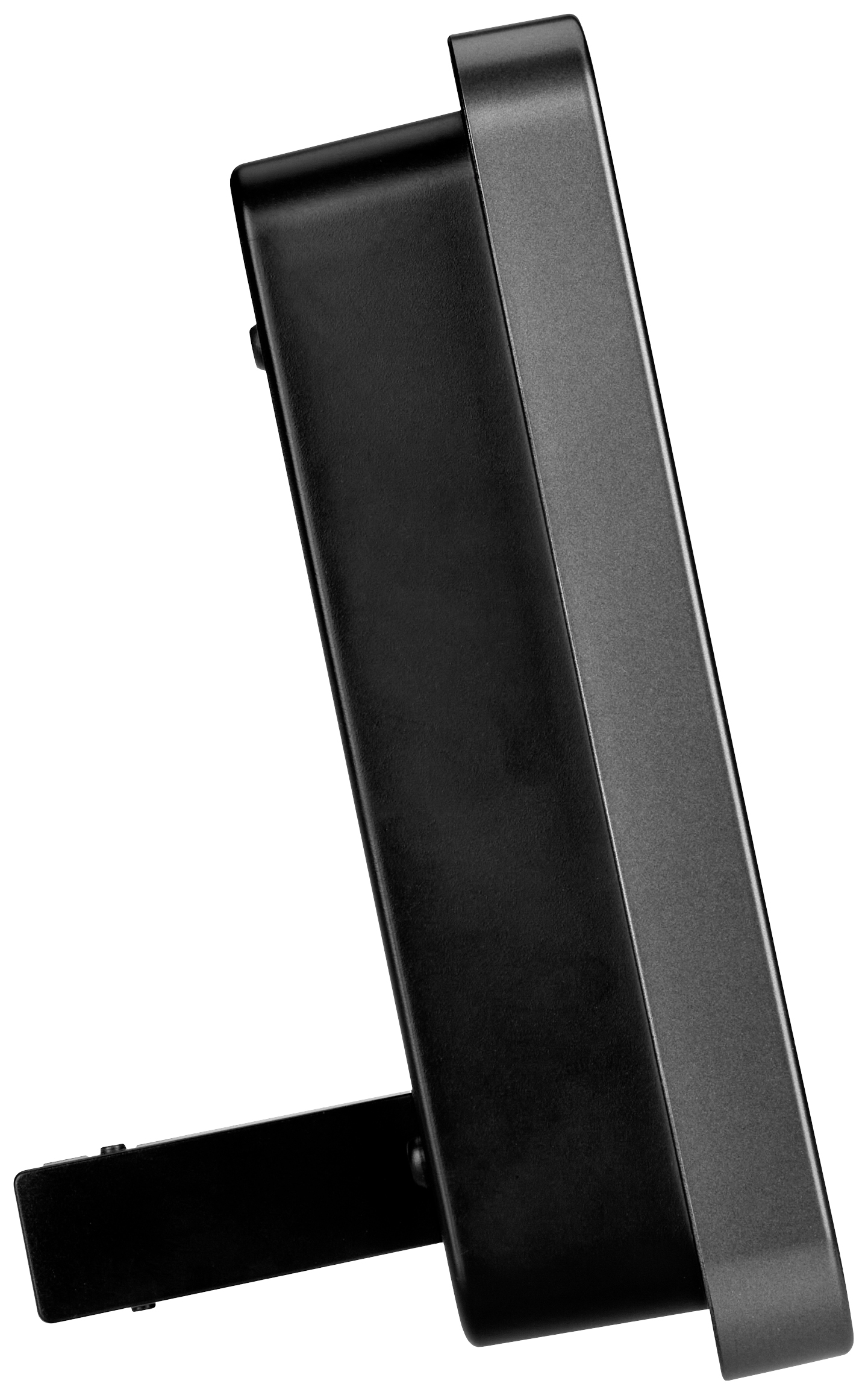 Side view of a black, square device with a stand, possibly a monitor or screen, on a white background.
