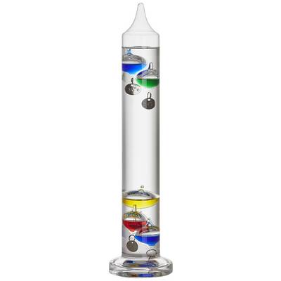 A Galileo thermometer with colourful, suspended glass spheres indicating the temperature. Each sphere has a weight with a numerical value.