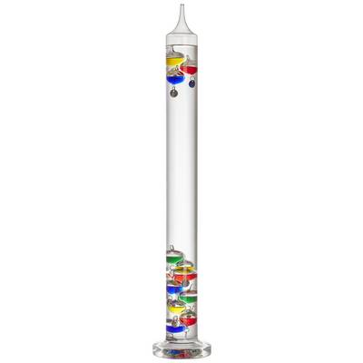 A Galilean thermometer shows the temperature using floating, coloured liquid spheres in a glass cylinder.
