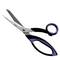 A silver pair of scissors with a black and blue handle lies open against a white background.