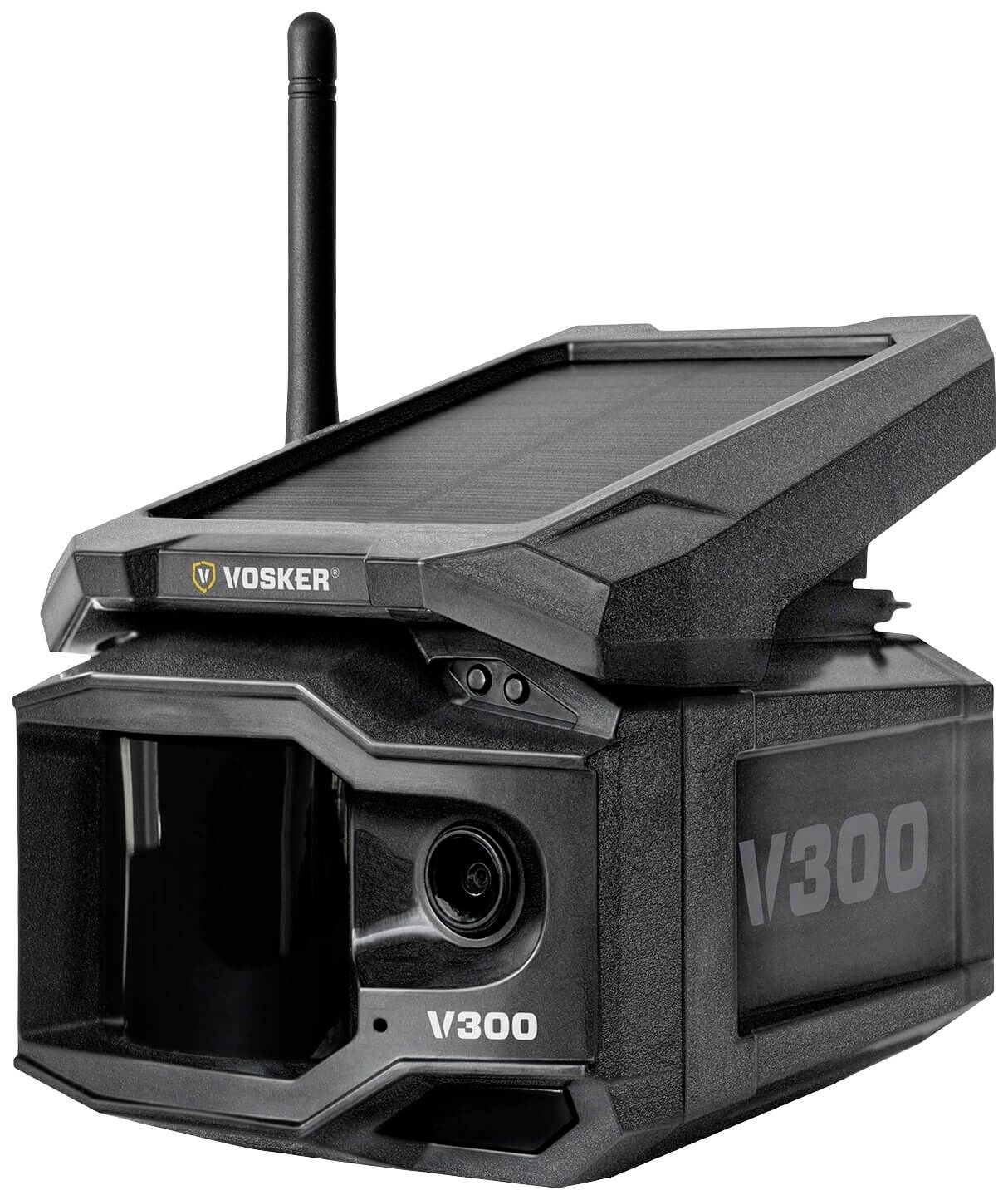 A black surveillance camera with the inscription 'V300'. It has a solar panel and an antenna.<br><br>Note: The translation is already in British English, so no significant changes were needed.
