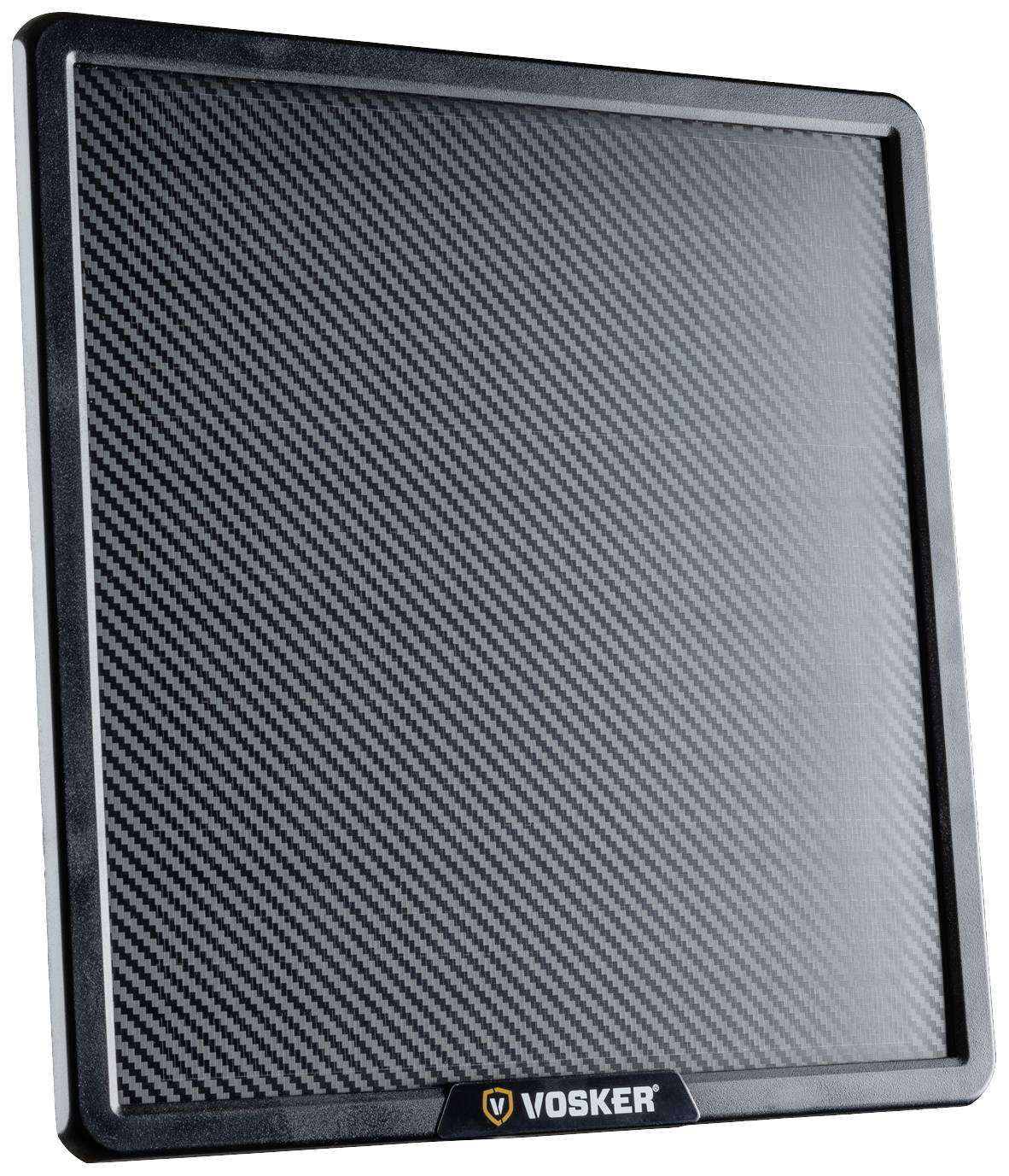 Black solar panel with the inscription 'VOSKER' at the bottom edge. It has a diagonal line pattern on the surface.