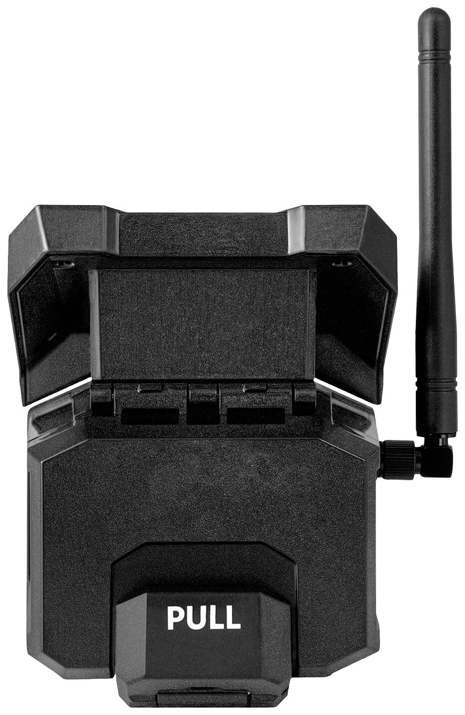 A black device with an aerial, a display, and a lever marked 'PULL'.