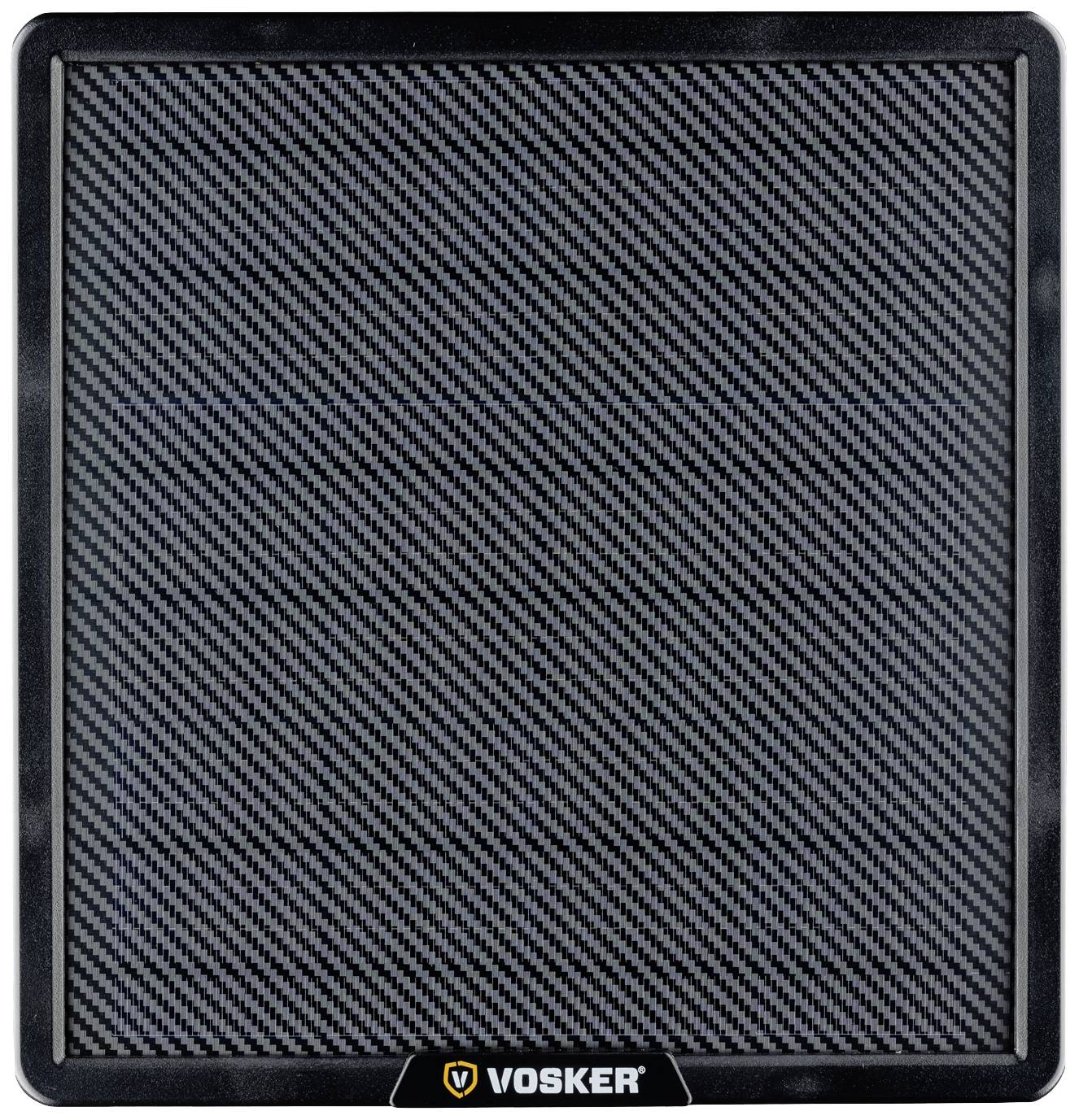 'A square black filter with diagonal stripes and a logo at the bottom showing 'VOSKER'.'