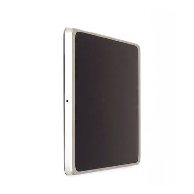 A digital tablet with a black screen and silver border, viewed from the side.