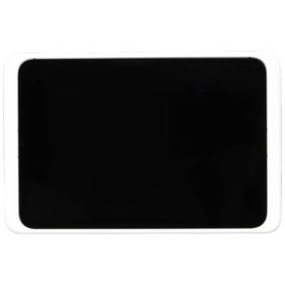 A tablet with a black screen, in a white protective case.