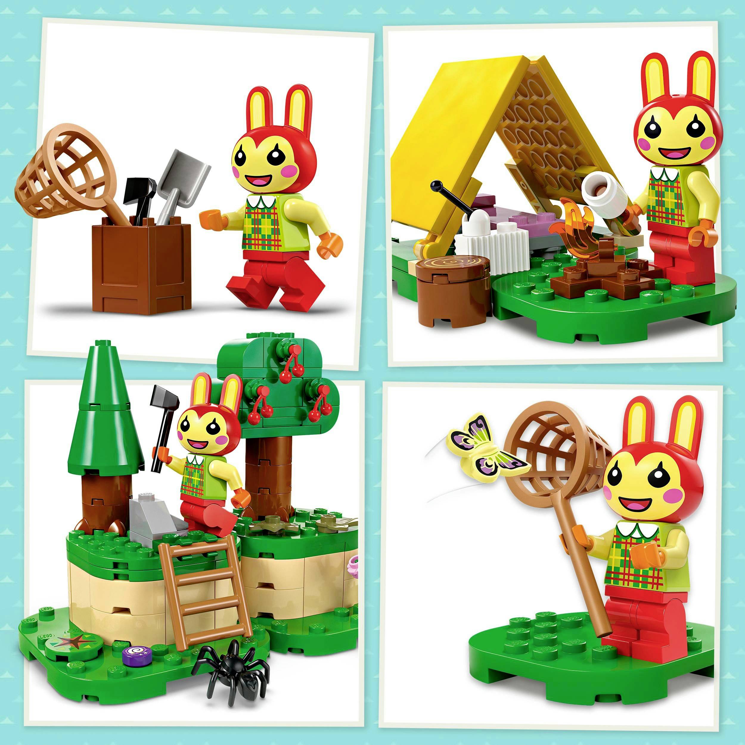 Four images of a yellow animal figurine with rabbit ears playing with a butterfly net and camping equipment.
