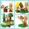 Four images of a yellow animal figurine with rabbit ears playing with a butterfly net and camping equipment.