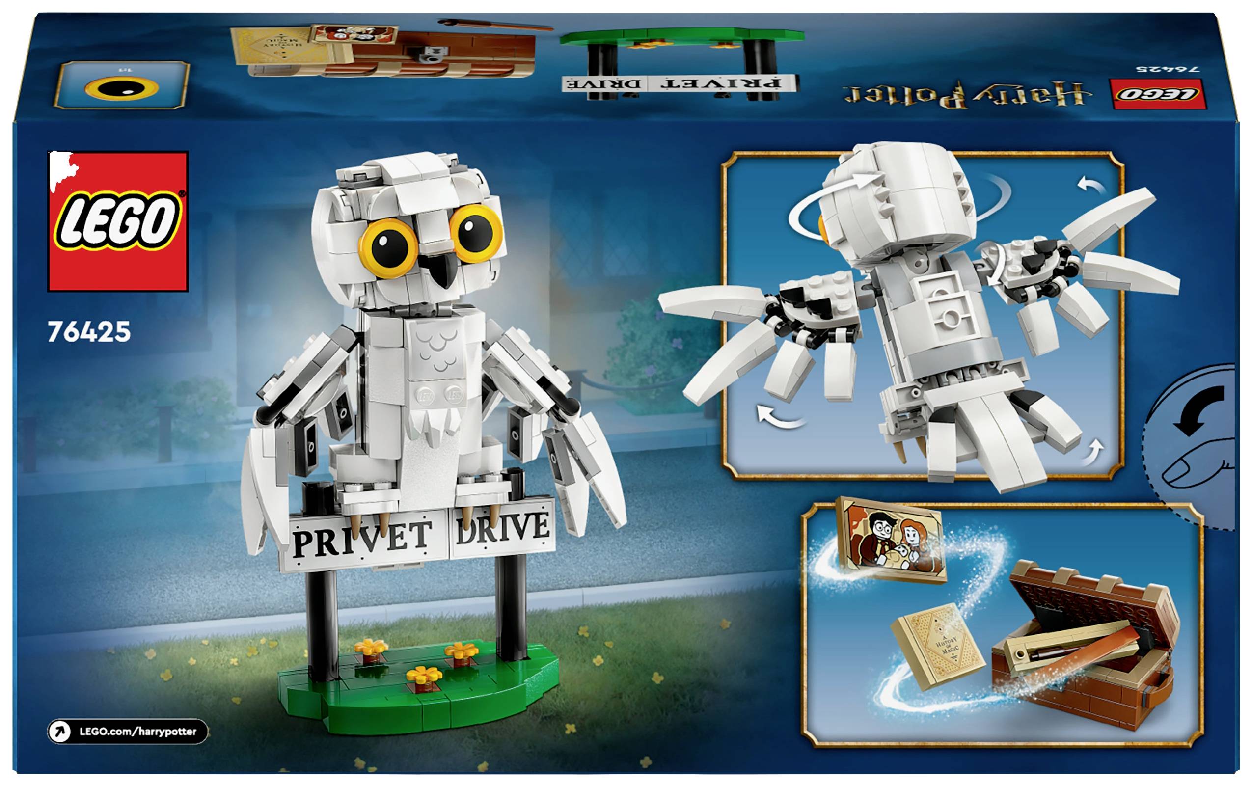 A LEGO minifigure of a white bird with large eyes. A sign reads 'Privet Drive'. Packaging image shows bird and gift build.