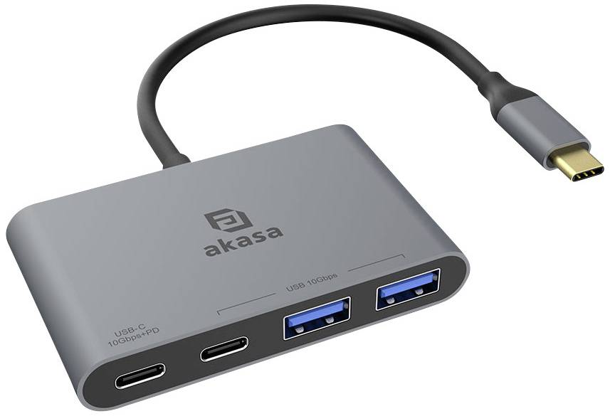 A grey USB-C hub from Akasa with two USB-C ports and two USB 3.0 ports. Ideal for connecting multiple devices.