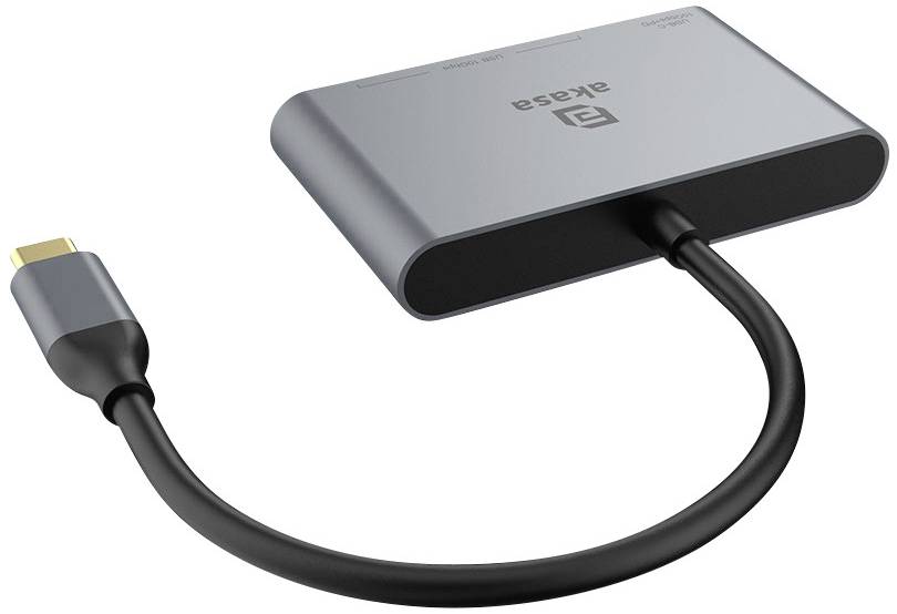 A grey USB-C hub with multiple ports displays the 'ekasa' logo on its top surface.