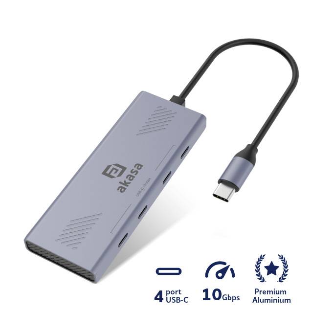 Slim aluminium USB-C hub with 4 ports and a data transfer rate of 10 Gbps.