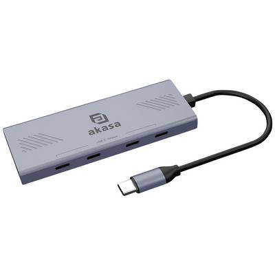 'USB-C hub with four ports, grey casing, cable on the right. Brand: Akasa.'
