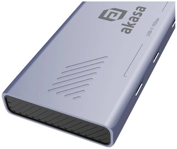 A silver external hard drive enclosure with a USB-C connection from the brand 'akasa', positioned at a slight angle.