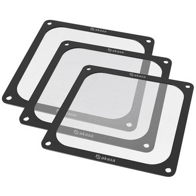 Three overlapping, square fan filters made of metal mesh by 'akasa', providing dust protection for computer cases.