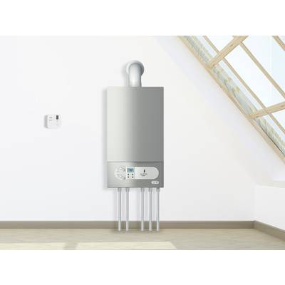 A modern boiler is mounted on the wall in a bright room. Next to it is a thermostat. A window with a view outside is situated in the top right corner.