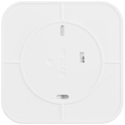 Back of a square white device, possibly a switch or sensor, with locking symbols and switch opening.