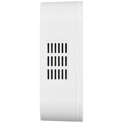 A white air purifier or fan viewed from the side. It has multiple narrow ventilation slots for air circulation.