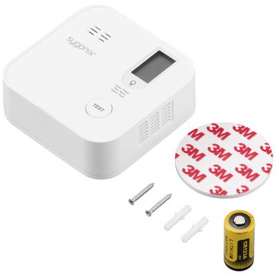 Smoke Alarm Set comprising a square smoke detector, mounting accessories, and a battery, ready for installation.