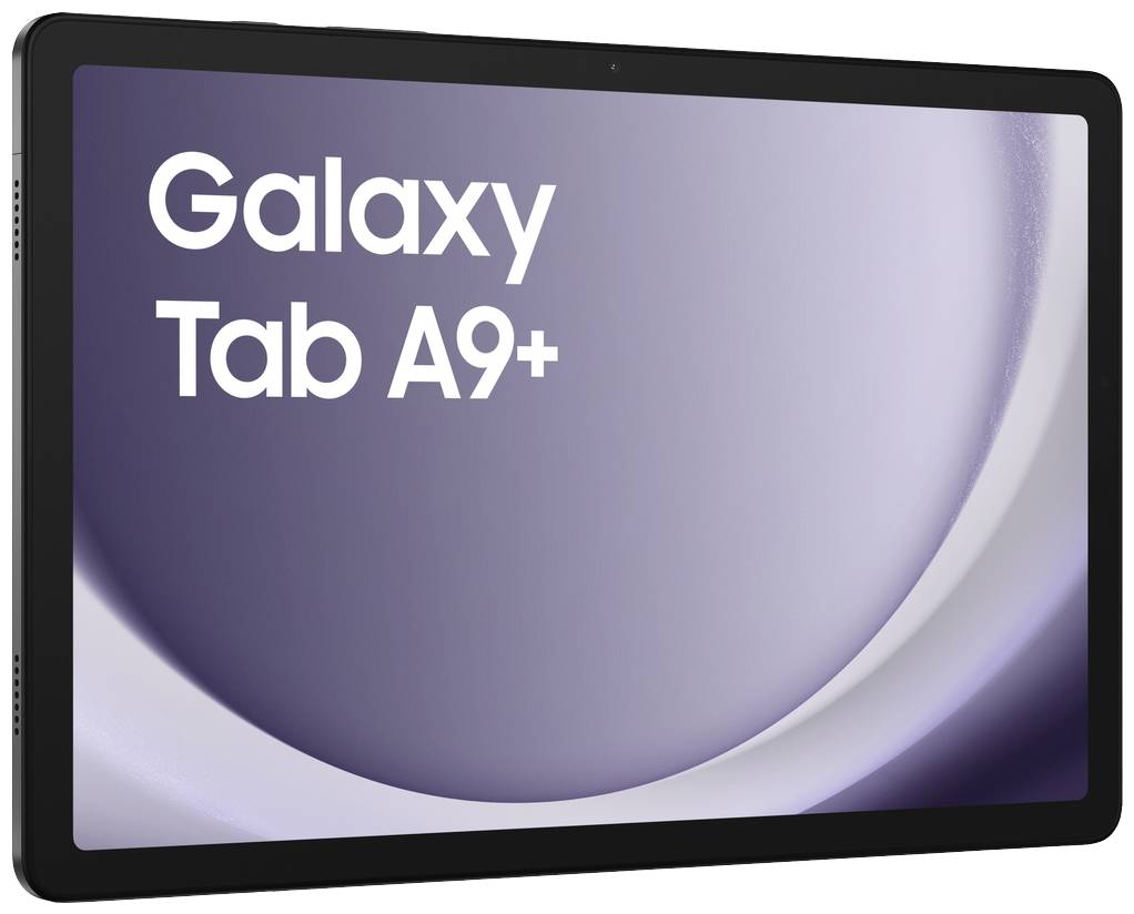 Tablet with the screen displaying 'Galaxy Tab A9+', showcasing a modern design against a minimalist lavender background.